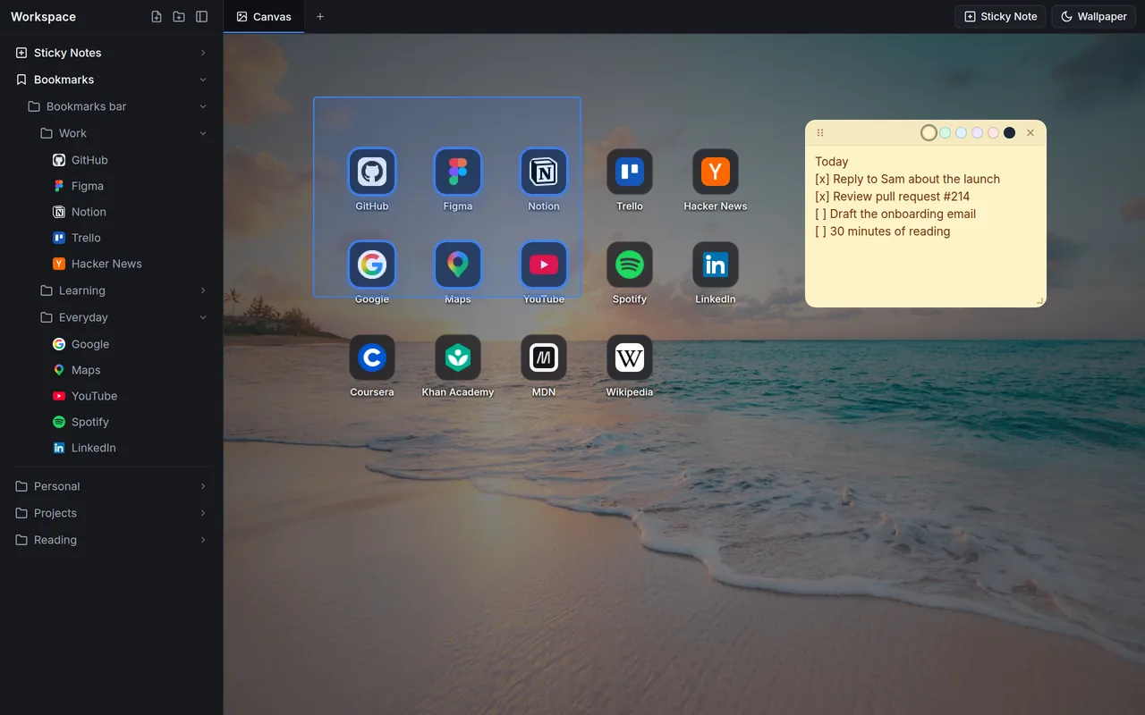 Bookmark folders in the sidebar and a grid of site shortcuts on a beach wallpaper, six of them selected with a drag box.