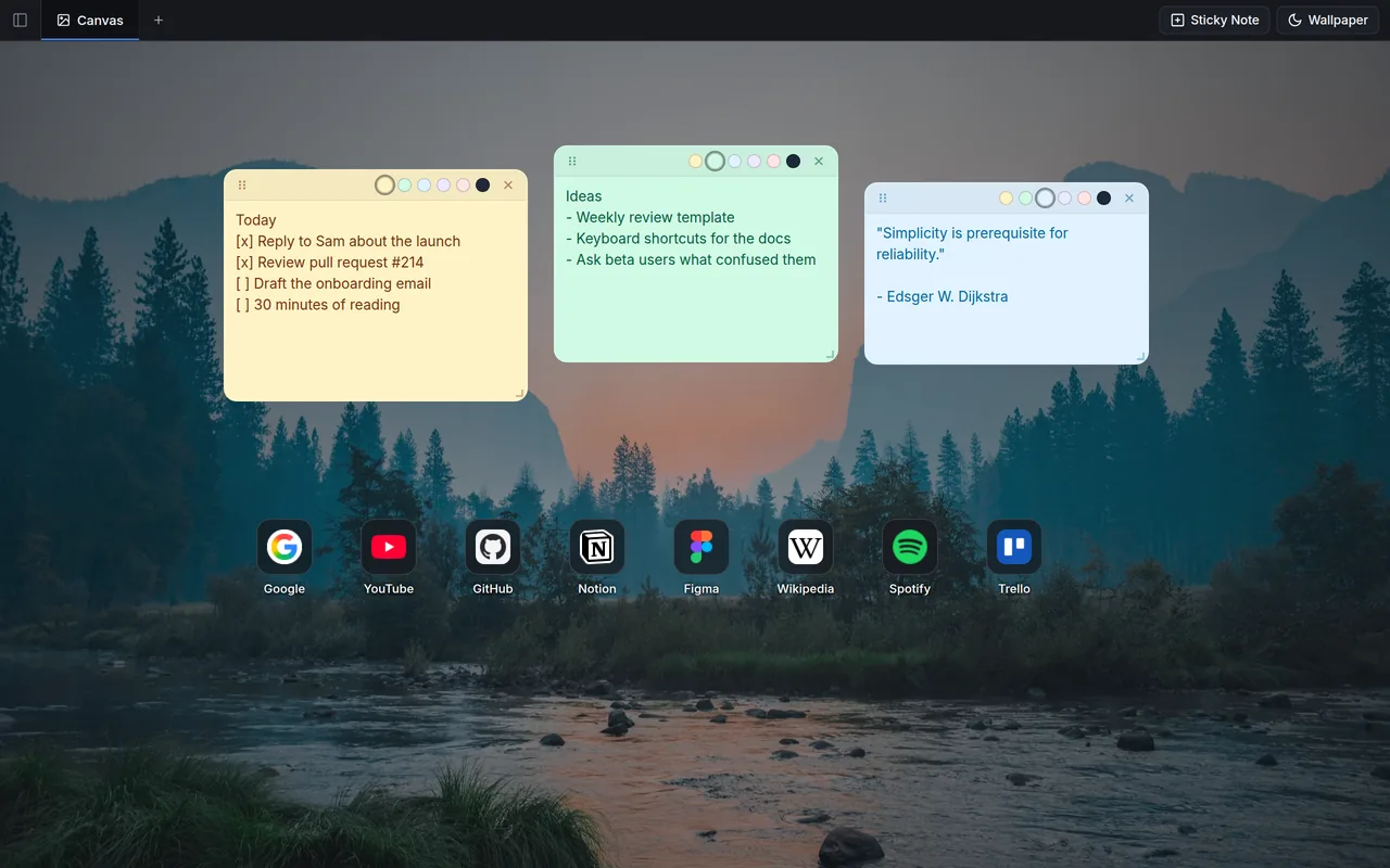 A Chrome new tab with NativeChrome: three sticky notes and a row of site shortcuts over a mountain lake wallpaper.