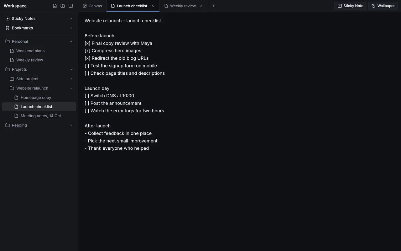 A launch checklist note open in a tab, with nested folders of notes in the sidebar.