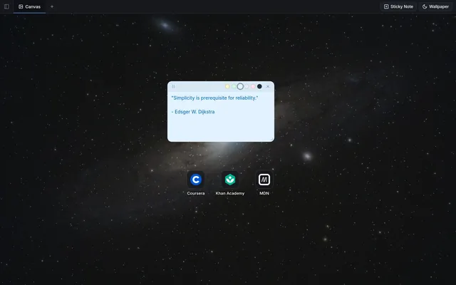 Starry night sky wallpaper with a blue sticky note and three shortcuts.